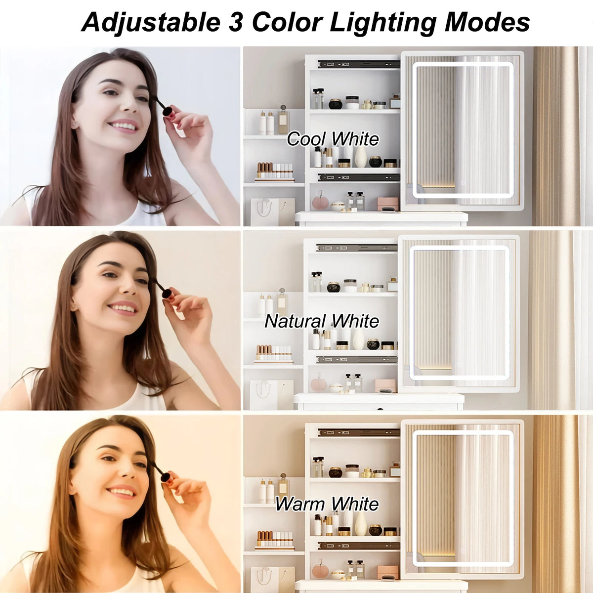Makeup Vanity Desk With Sliding Mirror, Lights, Drawers And Stool