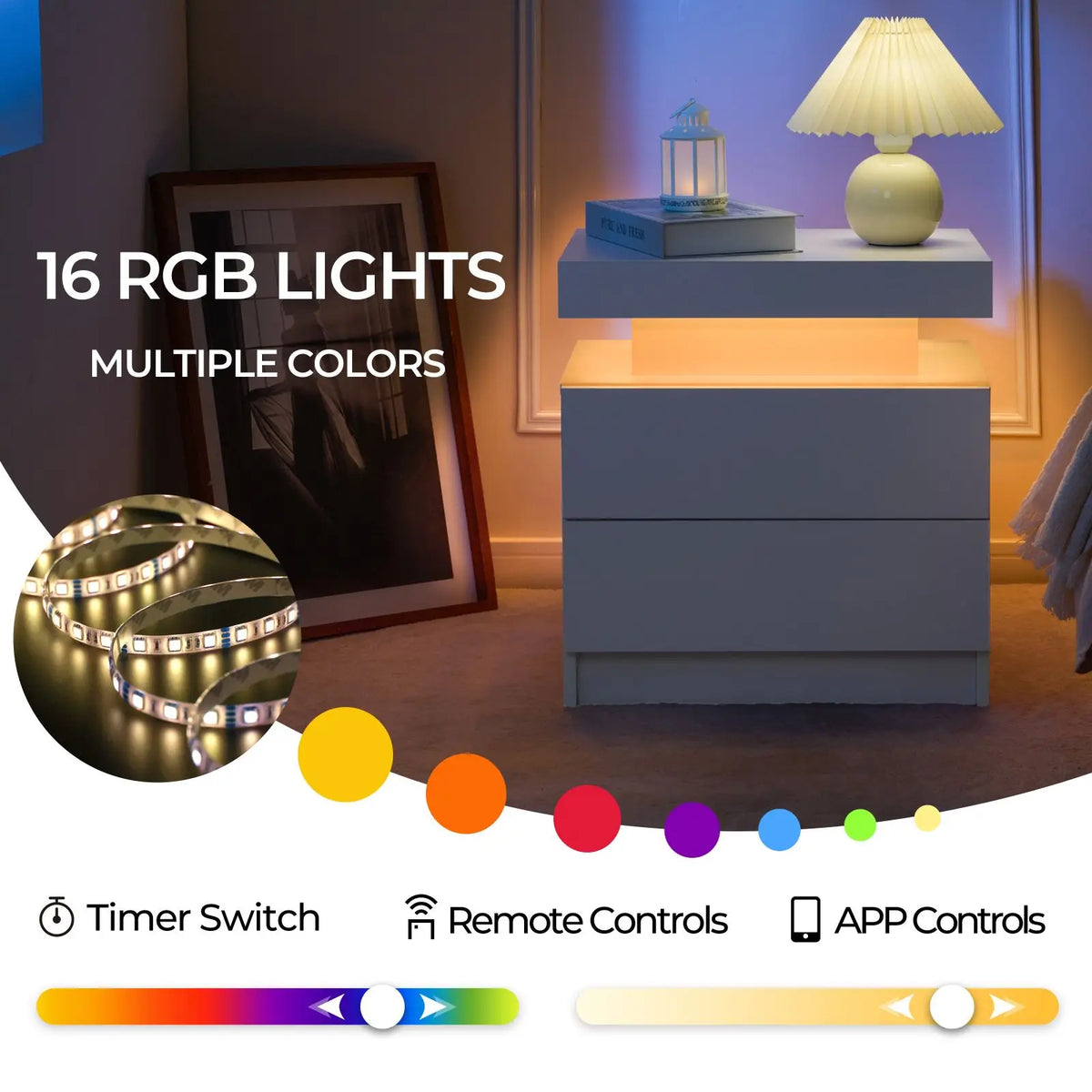 Cubehom LED Nightstand Set with Drawers for Modern Bedroom Storage