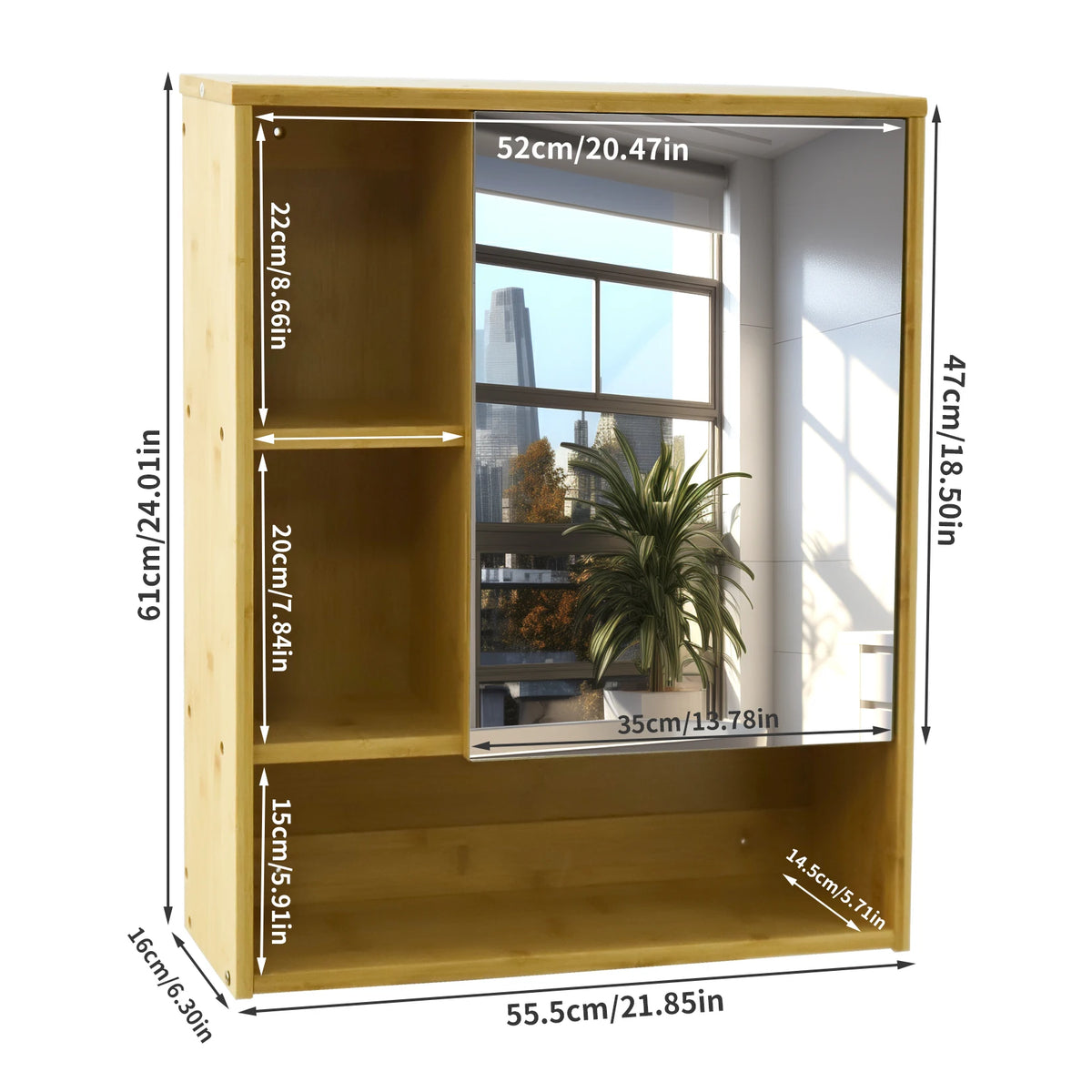 Bamboo Wall Mounted Medicine Cabinet With Mirror And Open Shelves