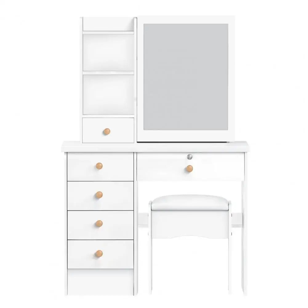 Modern Makeup Vanity Desk With Sliding Mirror And Six Drawers