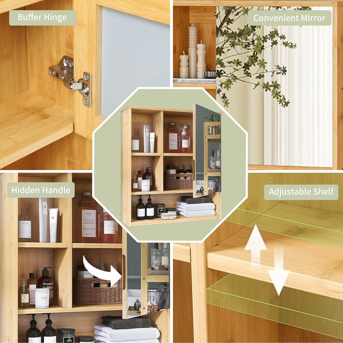 Bamboo Wall Mounted Medicine Cabinet With Mirror And Open Shelves