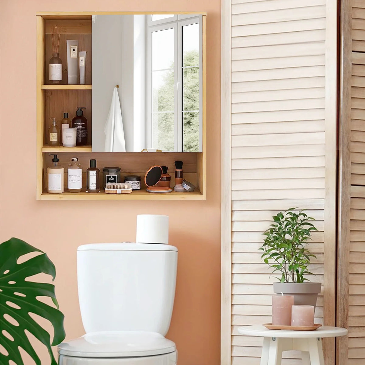 Bamboo Wall Mounted Medicine Cabinet With Mirror And Open Shelves