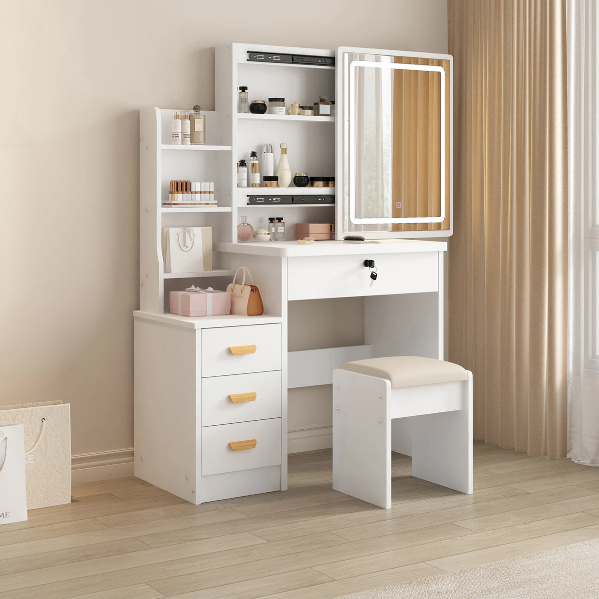 Makeup Vanity Desk With Sliding Mirror, Lights, Drawers And Stool