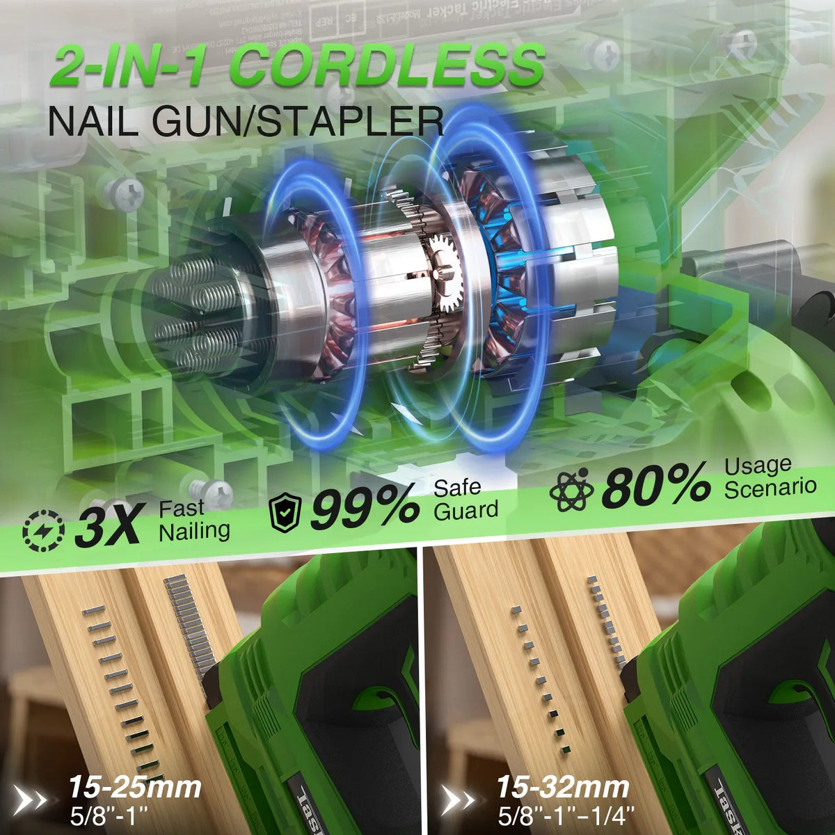 TaskStar Electric Nailing Gun 2-in-1 Cordless Nailer with 2000mAh Batteries LED Light Brushless Nail Gun for Wood Home