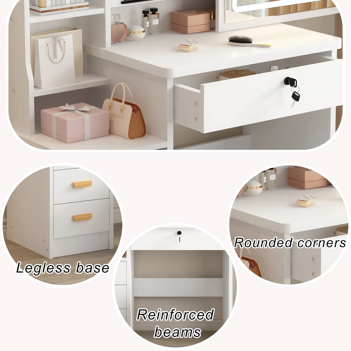Makeup Vanity Desk With Sliding Mirror, Lights, Drawers And Stool