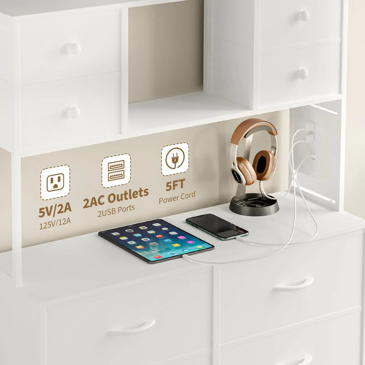 12 Drawer Fabric Dresser With Charging Station And LED Light