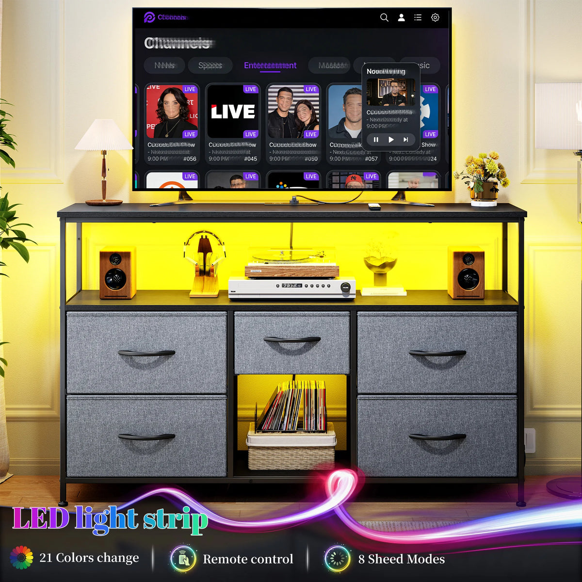 EnHomee Five Drawer TV Console With LED Lights And Storage