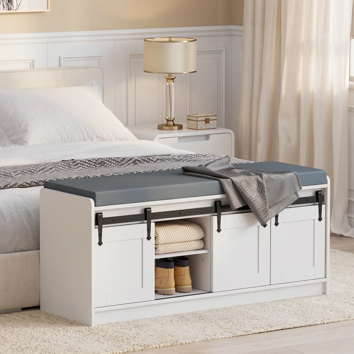 TinyNest Shoe Storage Bench With Padded Seat And Sliding Doors