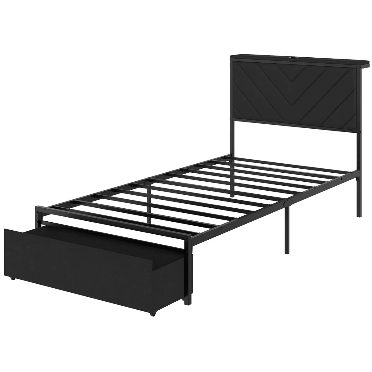 HiMISS Upholstered Metal Platform Bed Frame With Storage Charging Station