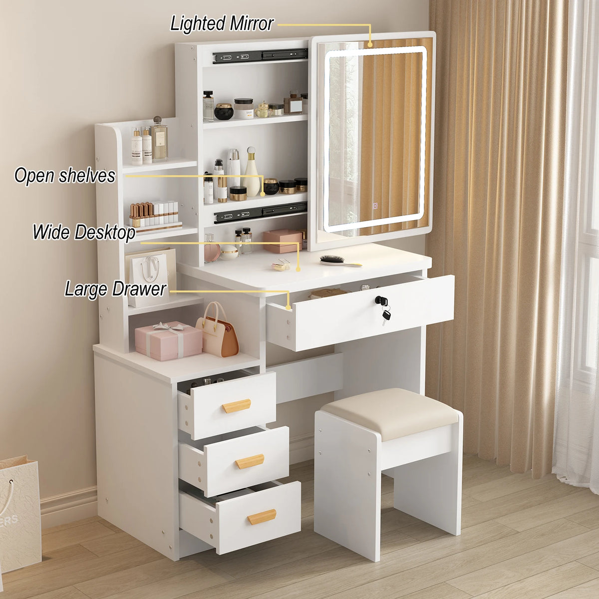 Makeup Vanity Desk With Sliding Mirror, Lights, Drawers And Stool