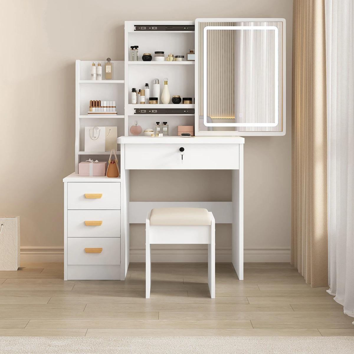Makeup Vanity Desk With Sliding Mirror, Lights, Drawers And Stool