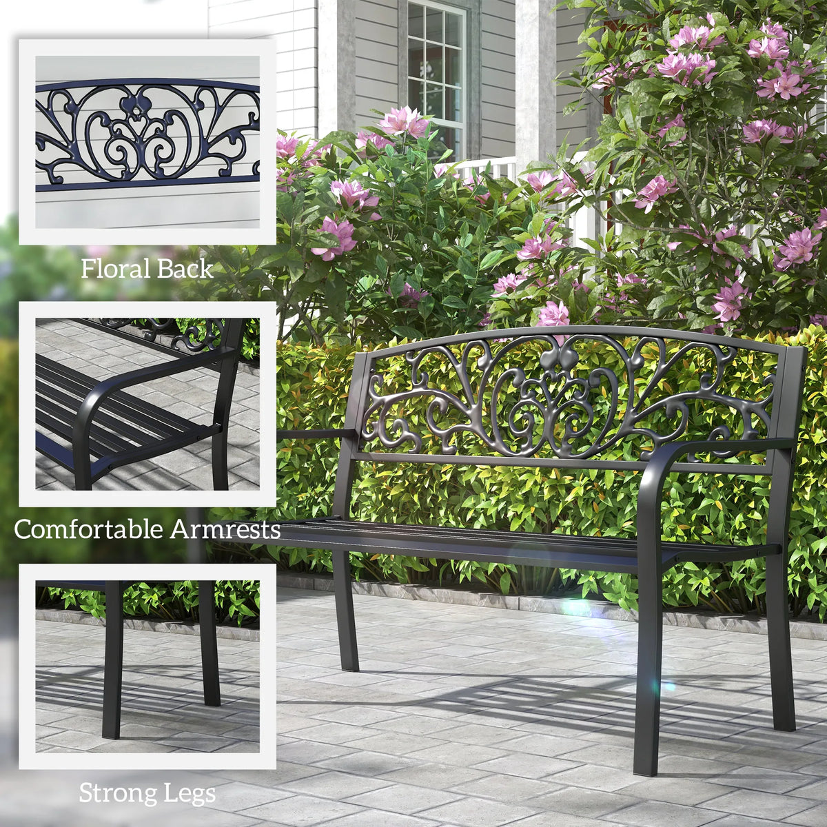 Patio Park Garden Bench Porch Path Chair Outdoor Lawn Garden Black 2 Seat