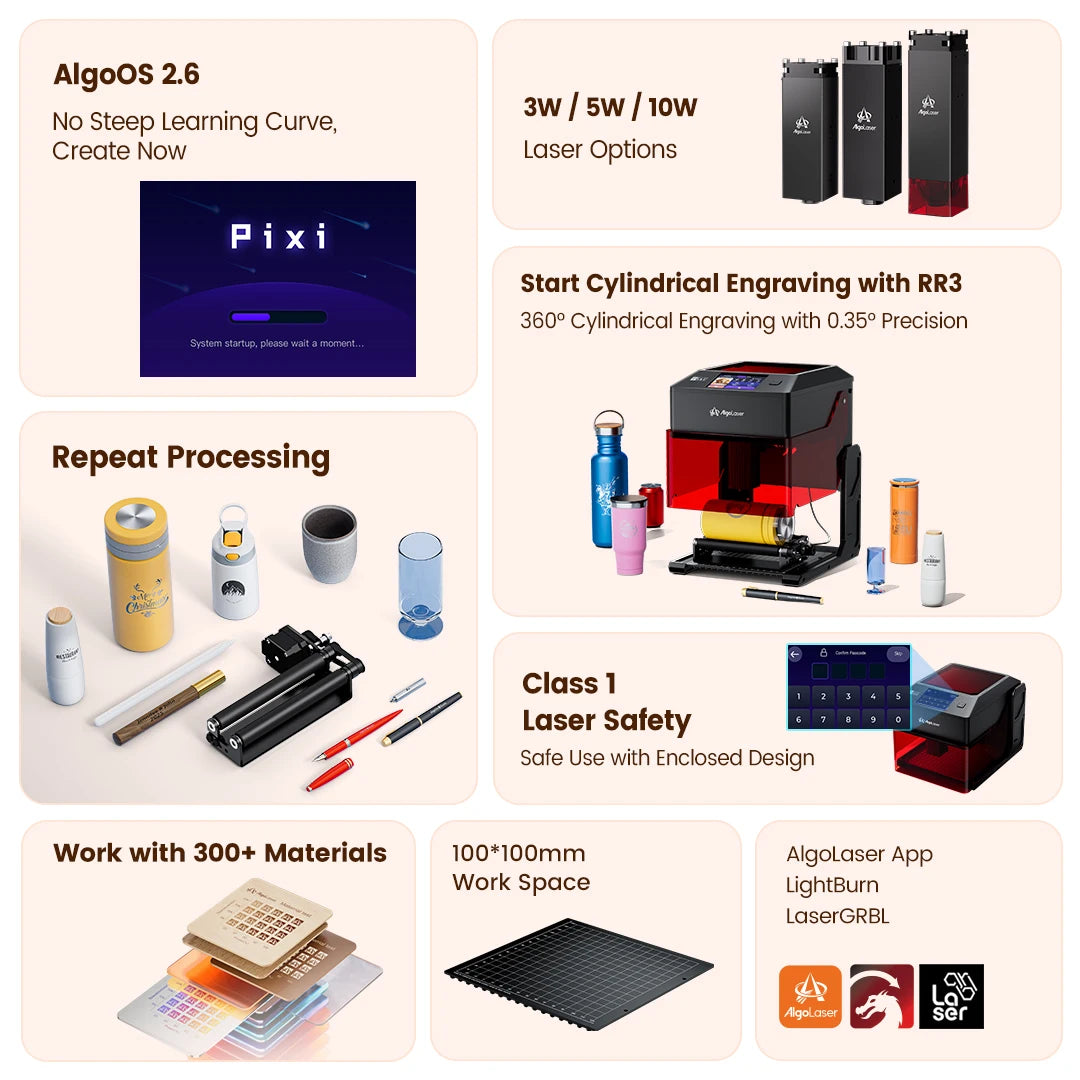 AlgoLaser Mini Portable 5W Laser Engraver Cutter with Rotary Roller OPTIONS DIY Tools Logo Etcher for Wood Desktop Laser Engraver for Metal Tumblers