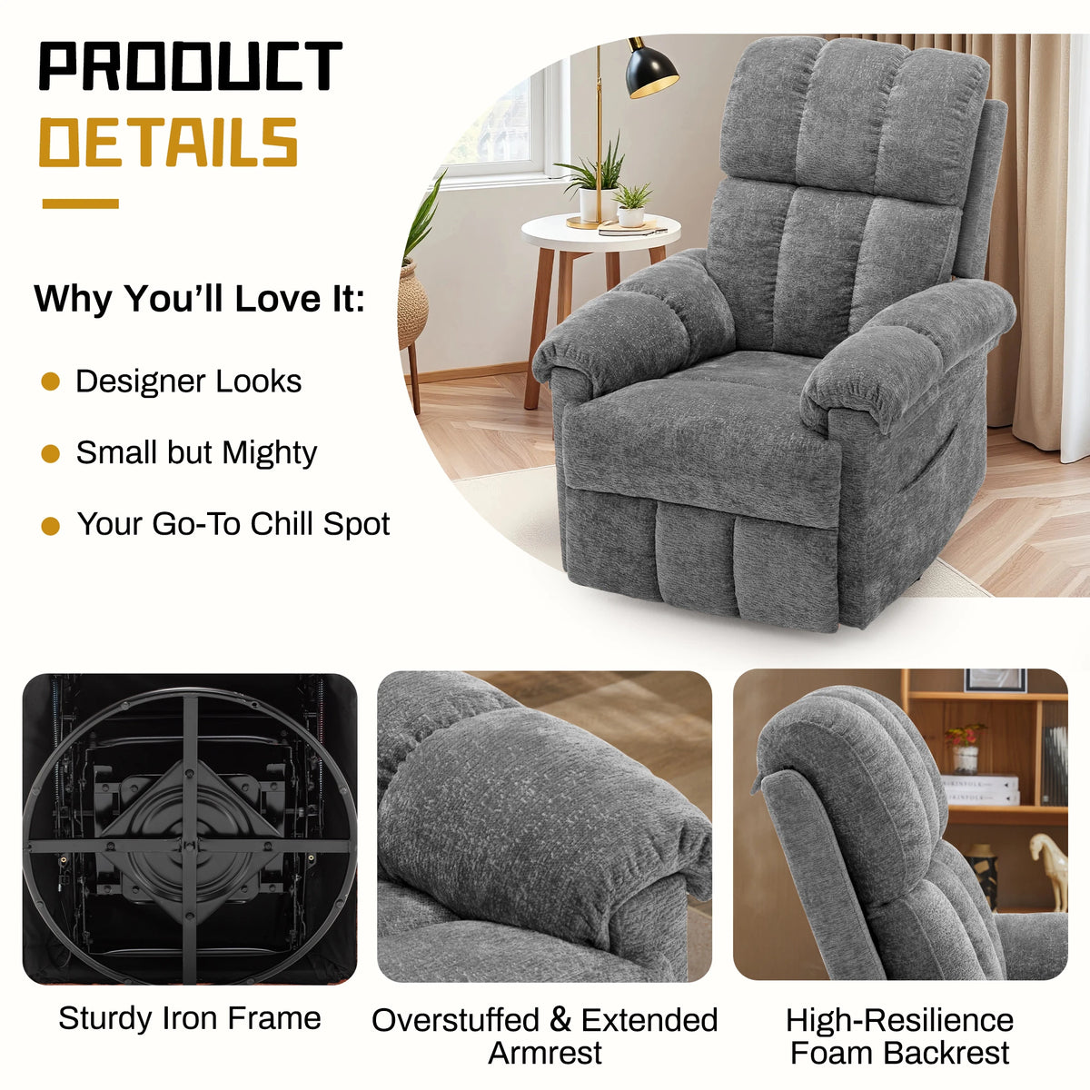 KORSER Swivel Rocker Recliner Chair with Side Pockets for Comfort
