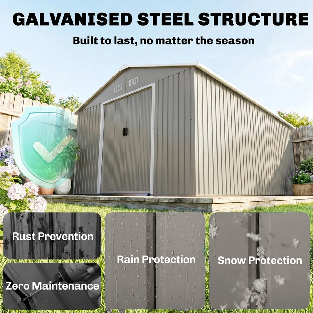 13' x 11' Steel Outdoor Utility Storage Tool Shed Kit for Backyard Garden, Grey