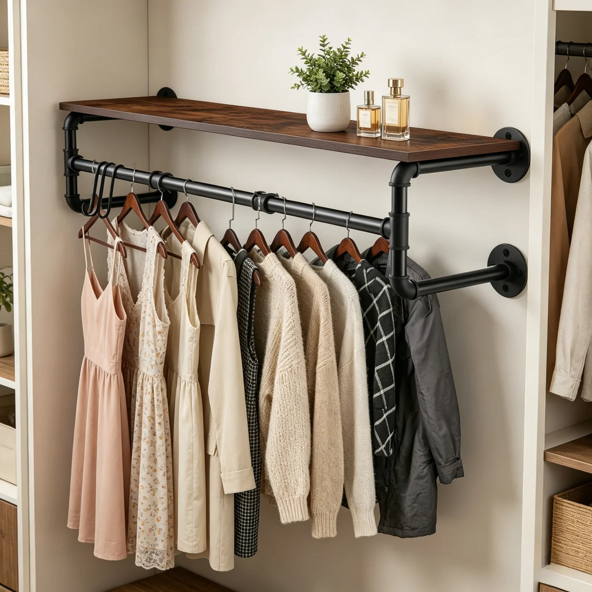 Wall Mounted Metal Clothes Rail With Wood Shelf Storage