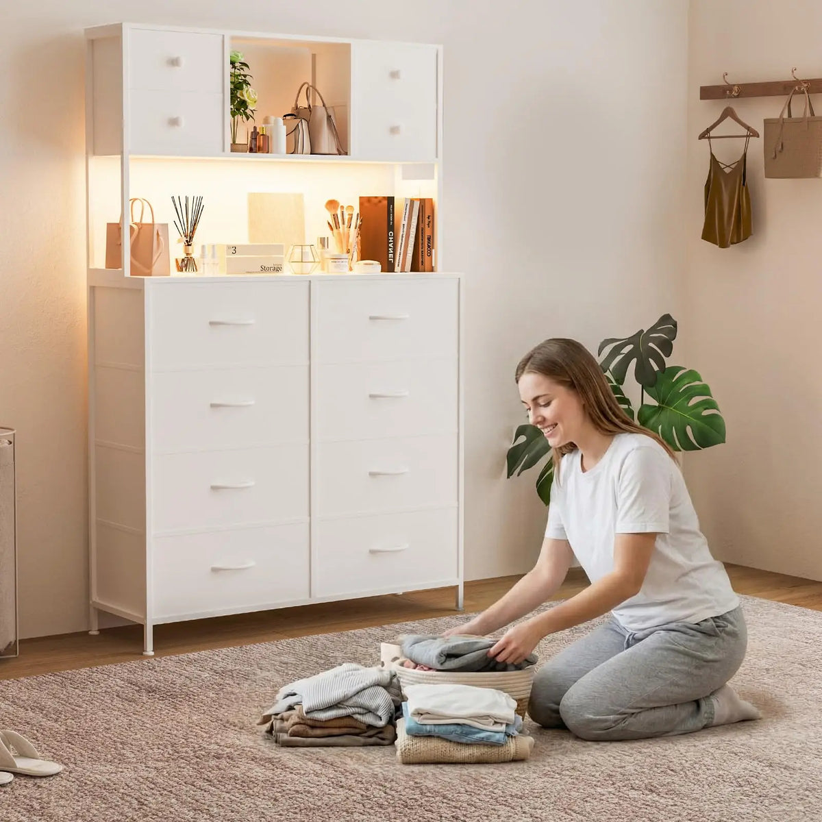 12 Drawer Fabric Dresser With Charging Station And LED Light