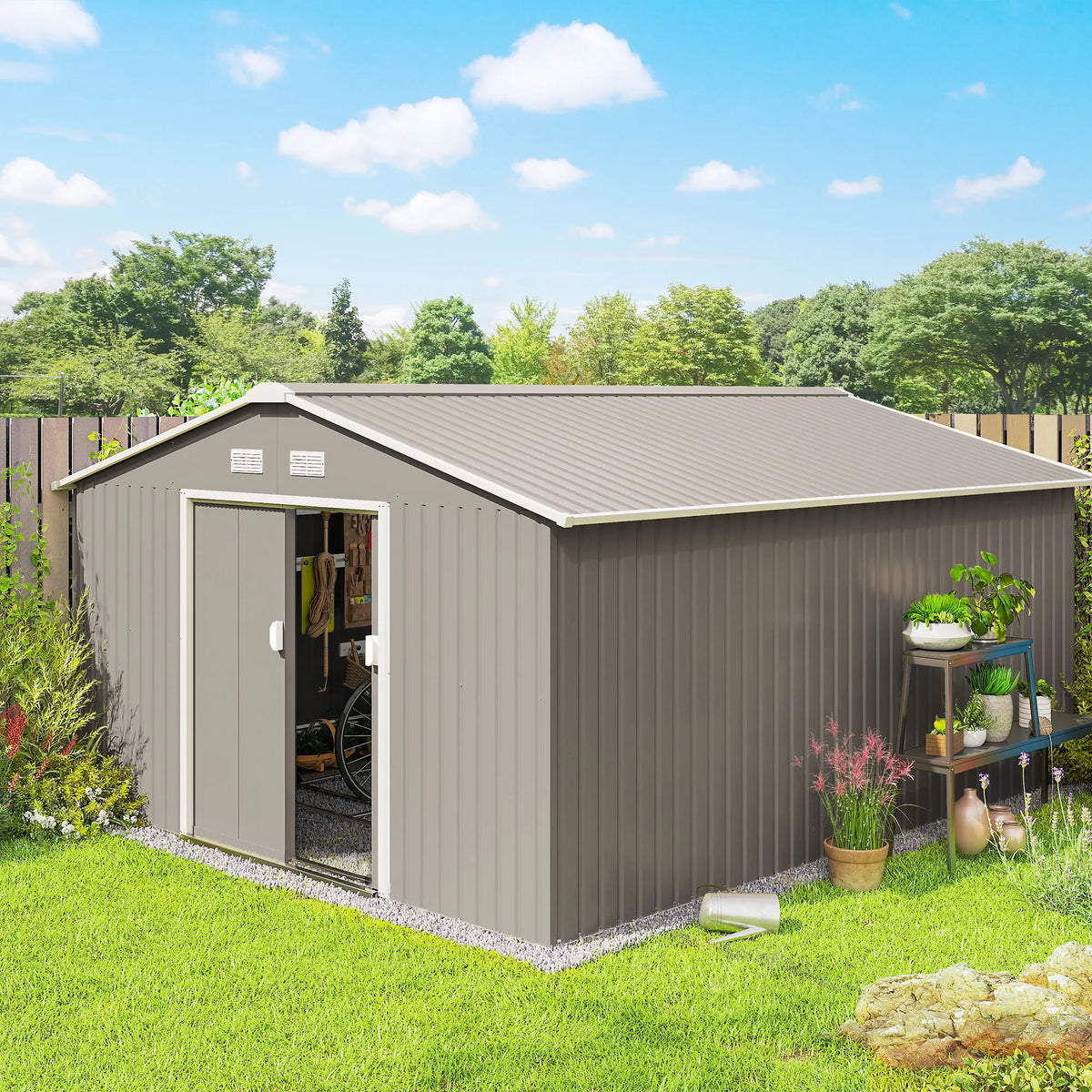 13' x 11' Steel Outdoor Utility Storage Tool Shed Kit for Backyard Garden, Grey