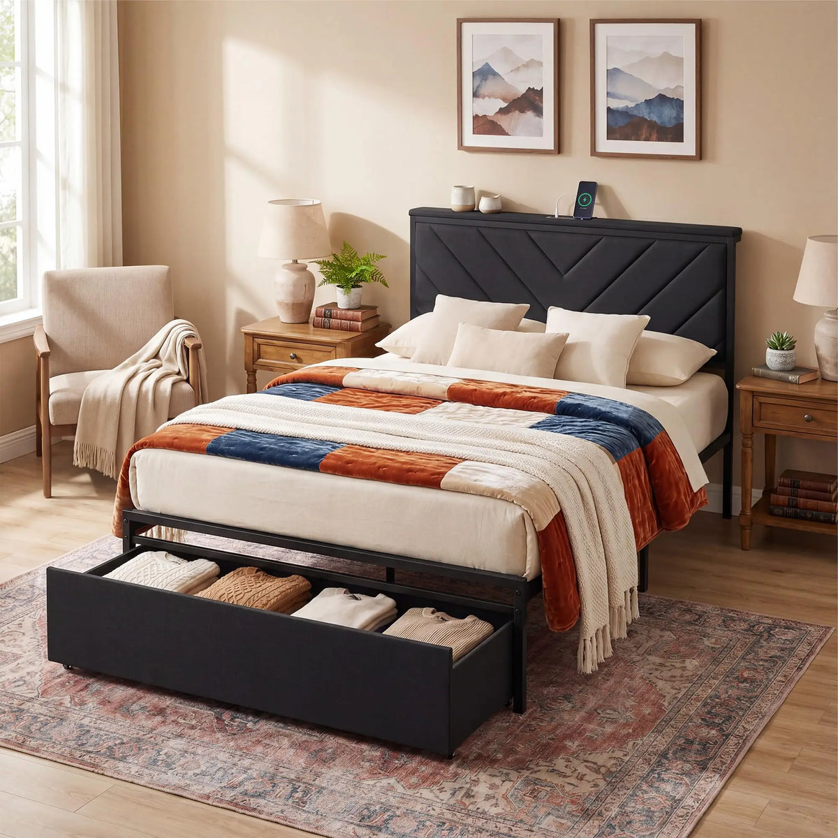HiMISS Upholstered Metal Platform Bed Frame With Storage Charging Station