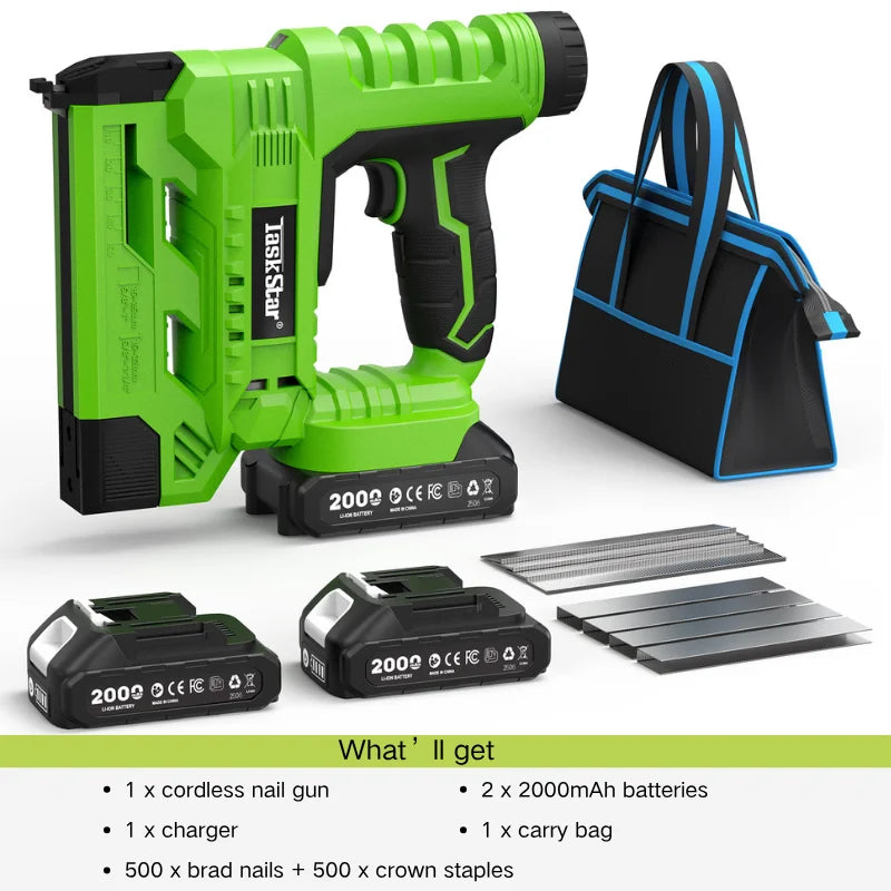 TaskStar Electric Nailing Gun 2-in-1 Cordless Nailer with 2000mAh Batteries LED Light Brushless Nail Gun for Wood Home