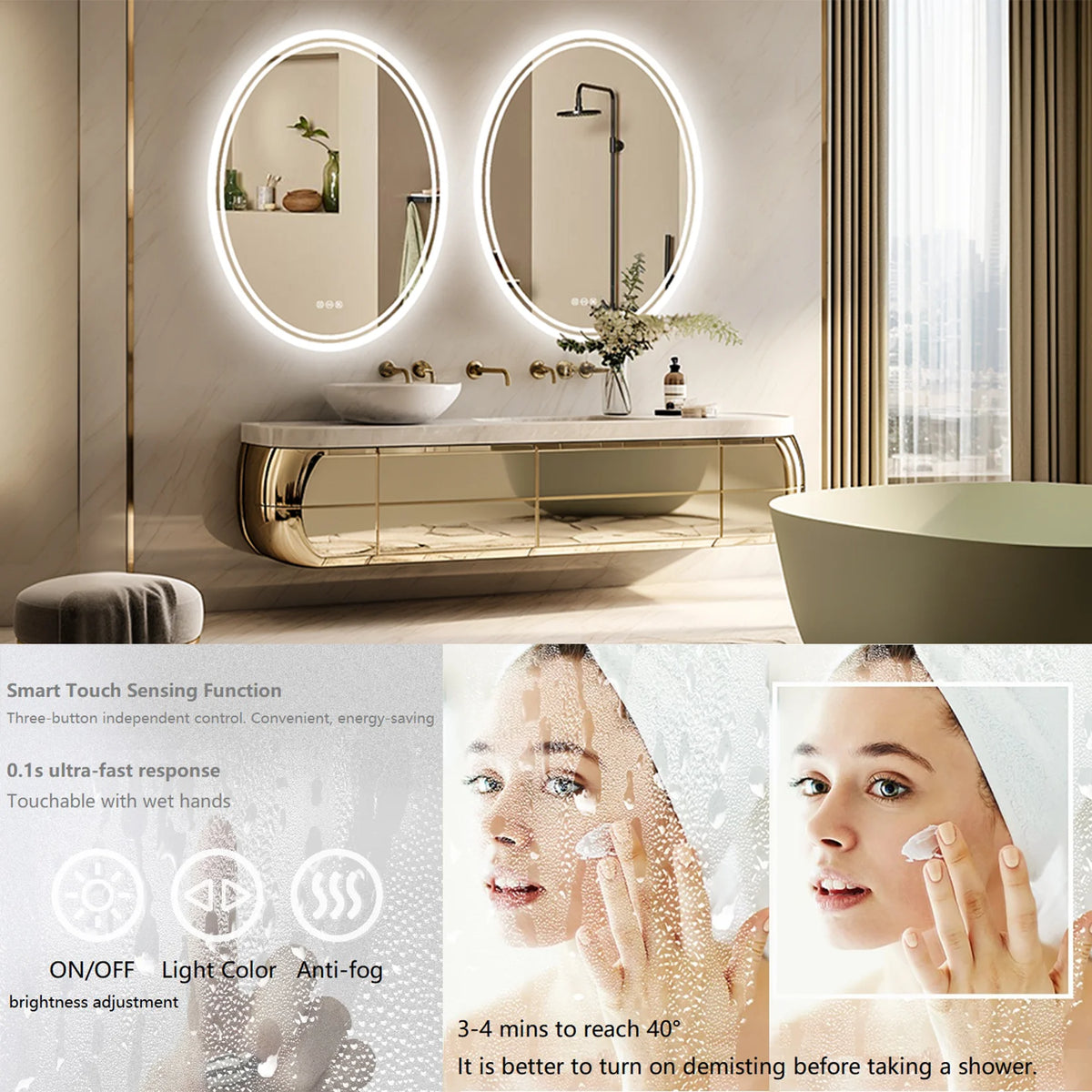 Round LED Backlit Bathroom Mirror With Dimmable Anti Fog Lighting