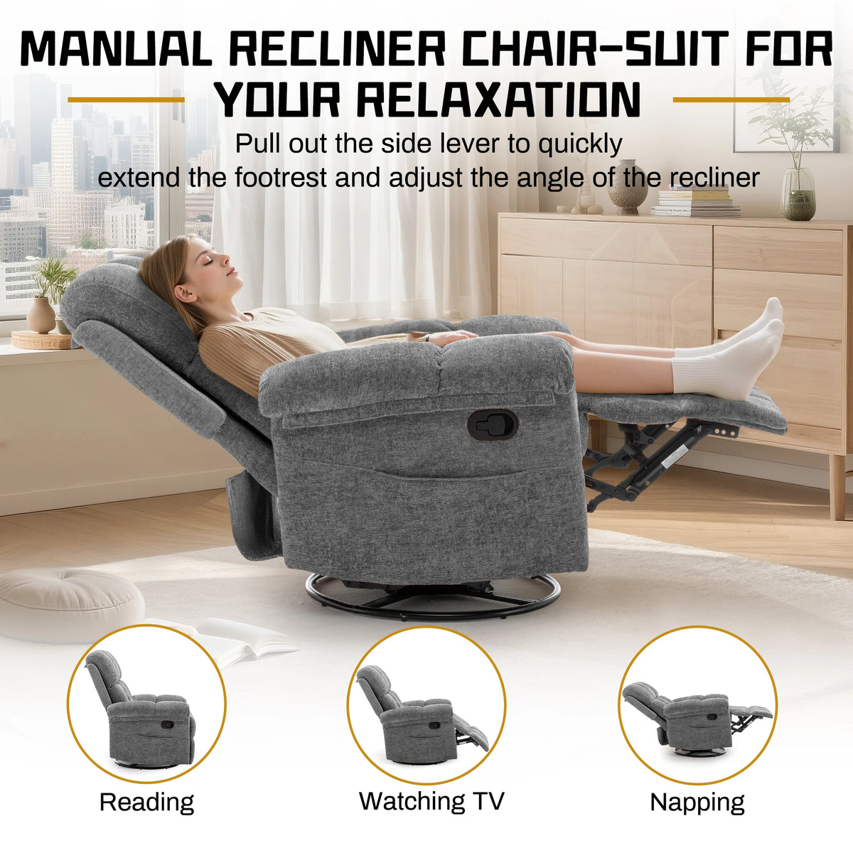 KORSER Swivel Rocker Recliner Chair with Side Pockets for Comfort