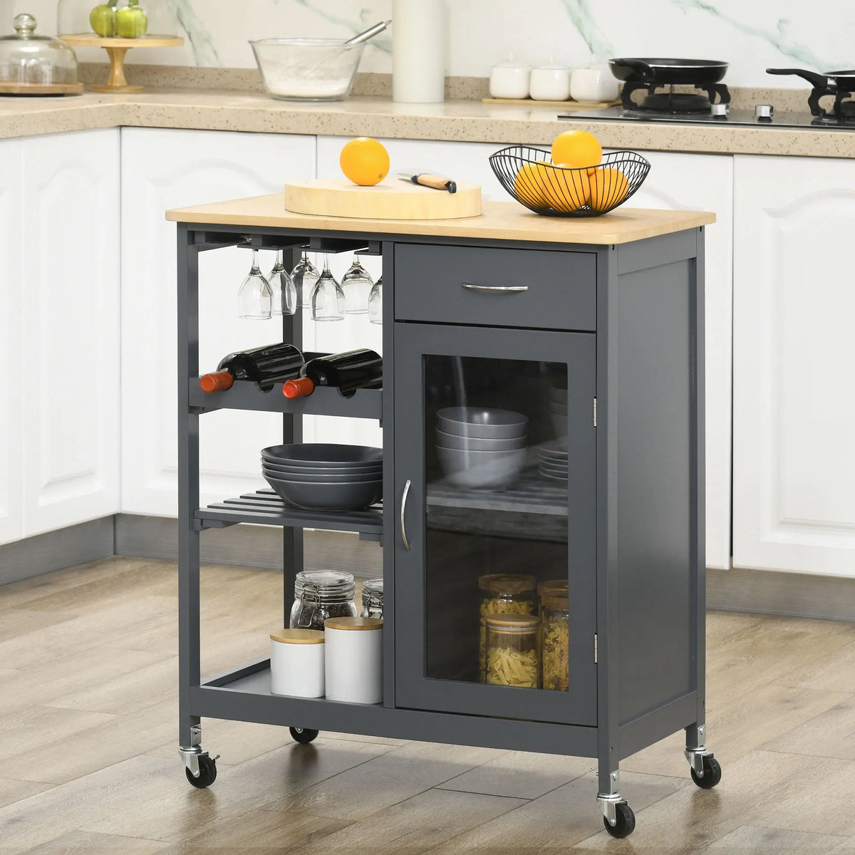 HOMCOM Rolling Kitchen Island With Wine Rack And Storage