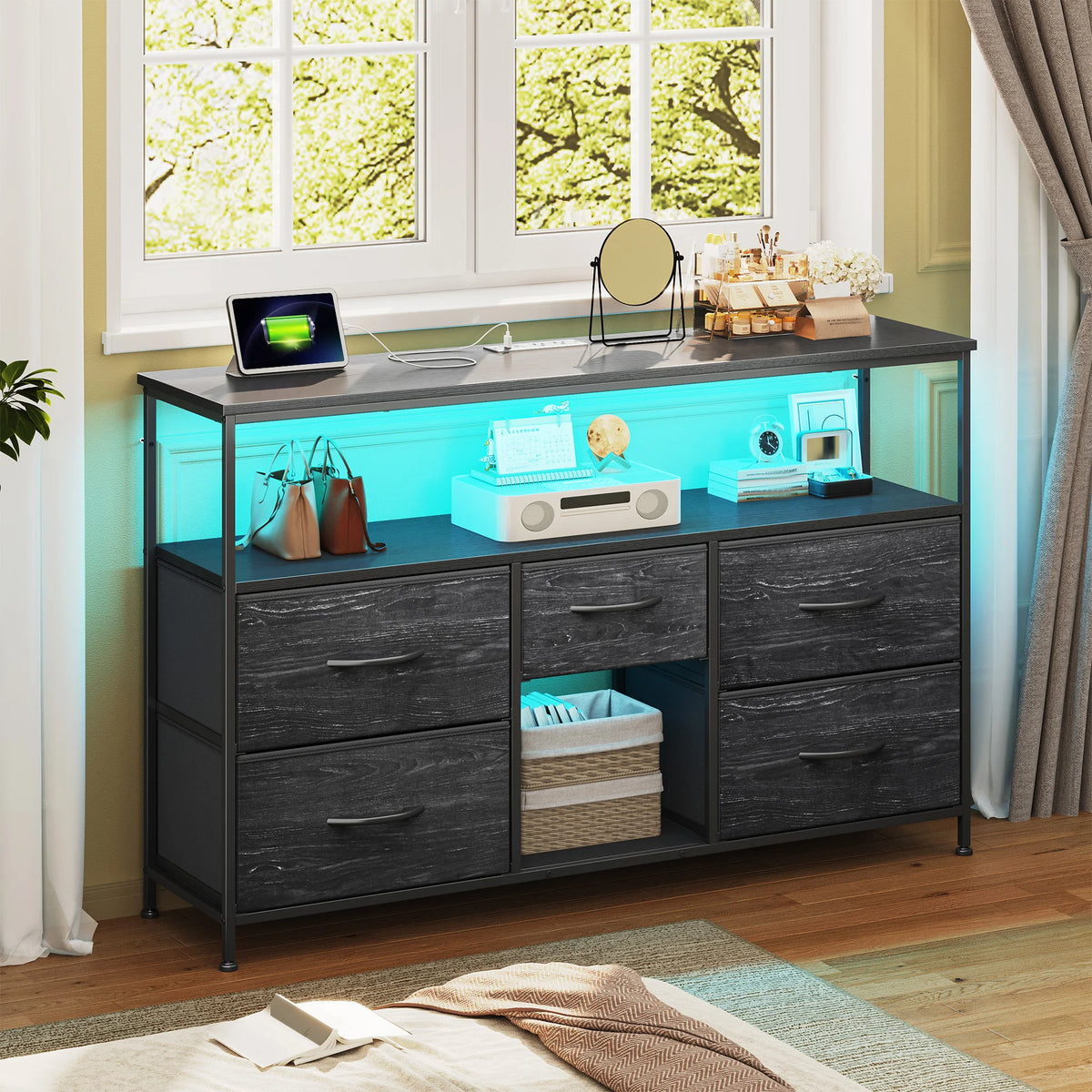 EnHomee Five Drawer TV Console With LED Lights And Storage