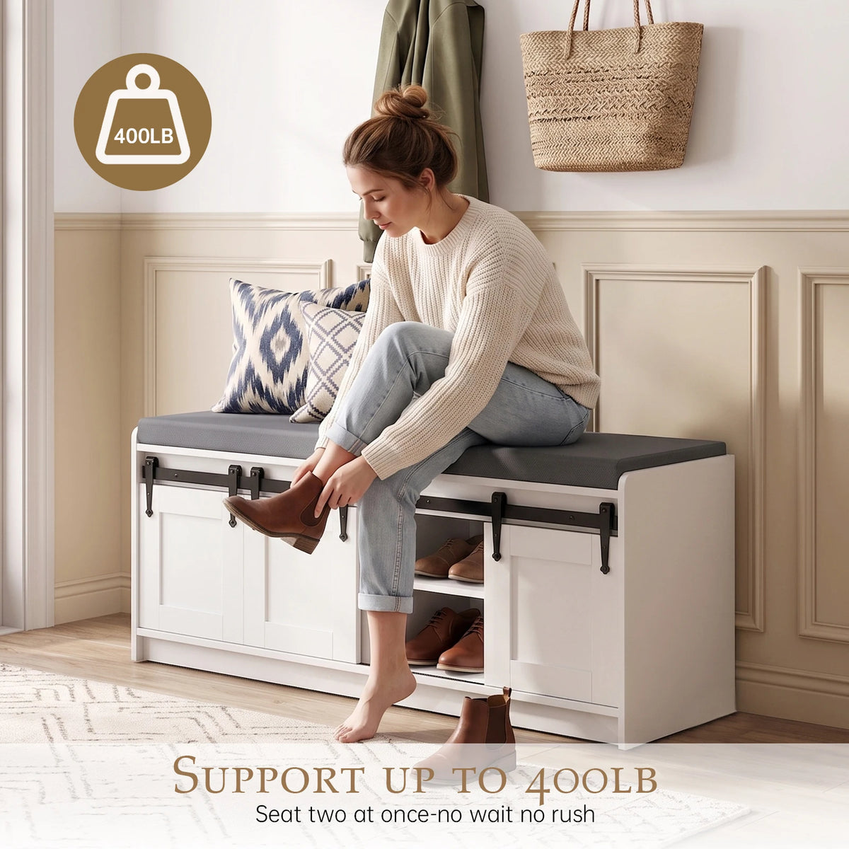 TinyNest Shoe Storage Bench With Padded Seat And Sliding Doors