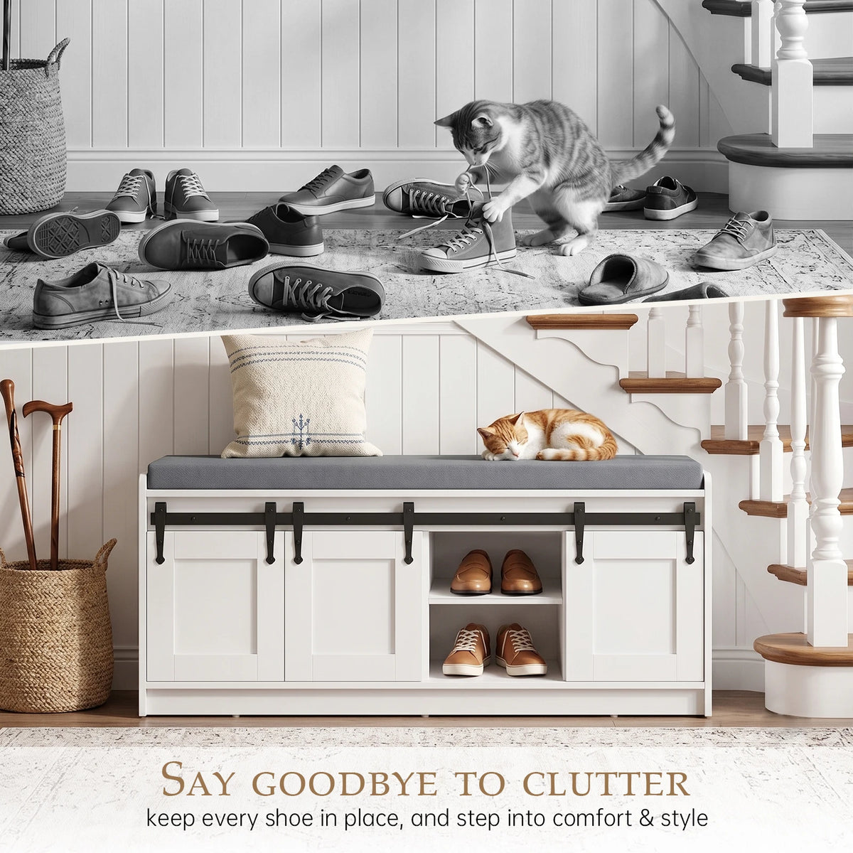 TinyNest Shoe Storage Bench With Padded Seat And Sliding Doors