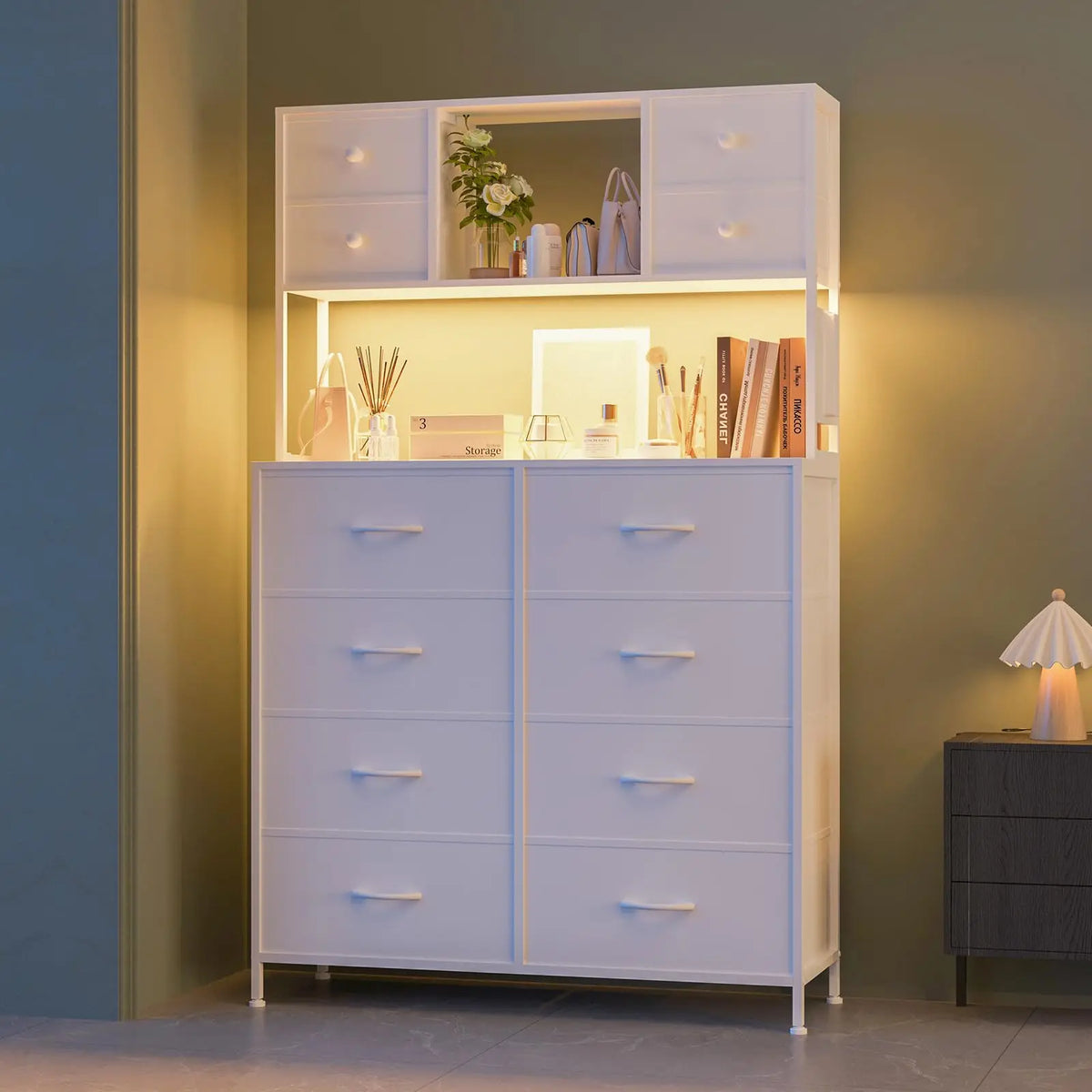 12 Drawer Fabric Dresser With Charging Station And LED Light