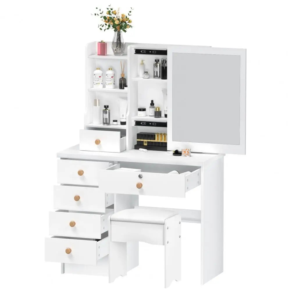 Modern Makeup Vanity Desk With Sliding Mirror And Six Drawers