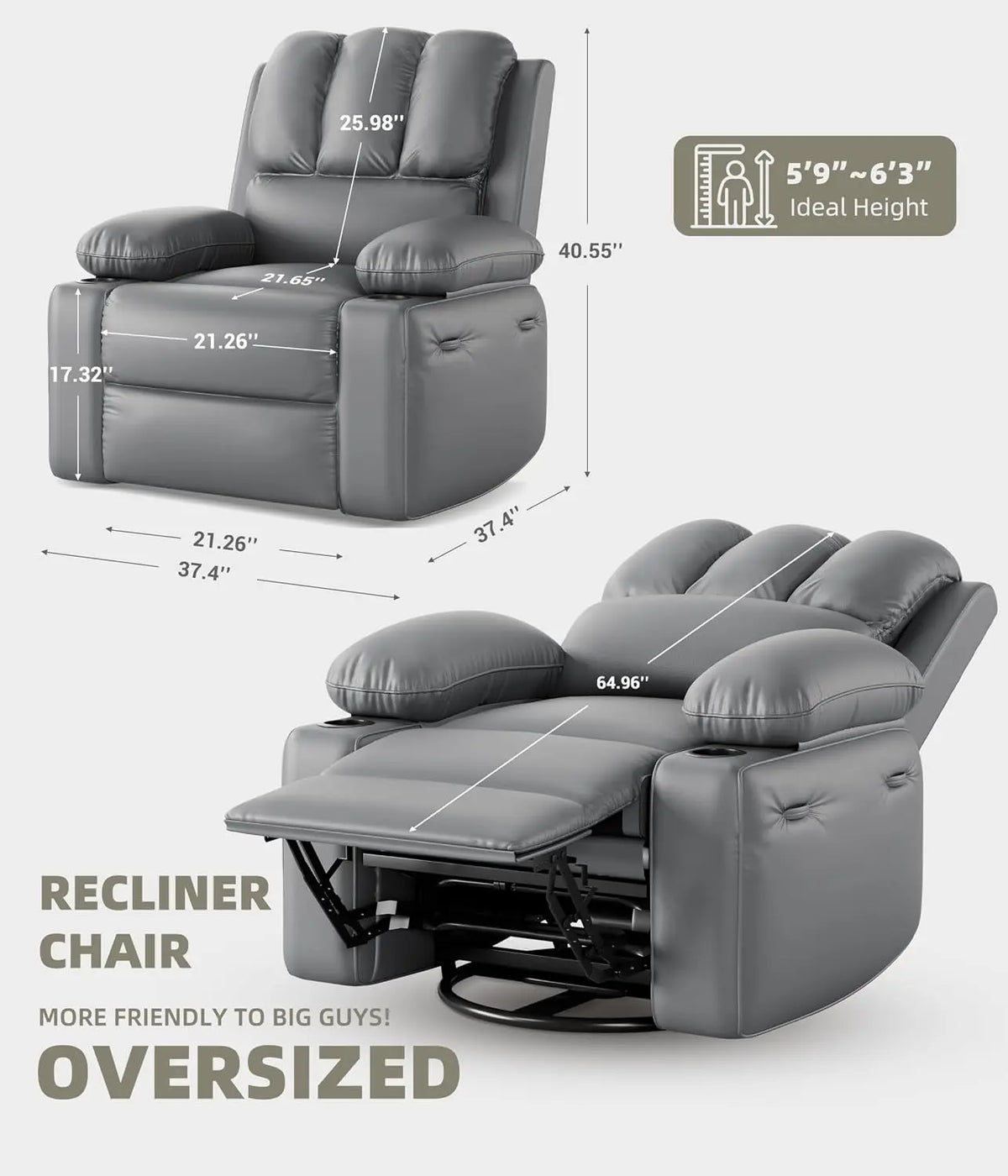 TACLEEKII Swivel Recliner Chair With Heat Massage And Cup Holders