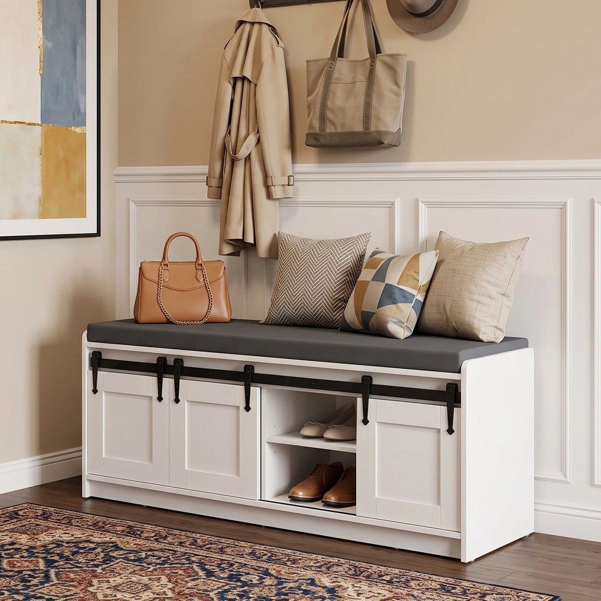 TinyNest Shoe Storage Bench With Padded Seat And Sliding Doors