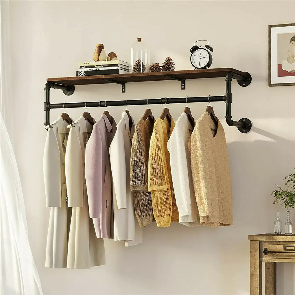 Wall Mounted Metal Clothes Rail With Wood Shelf Storage