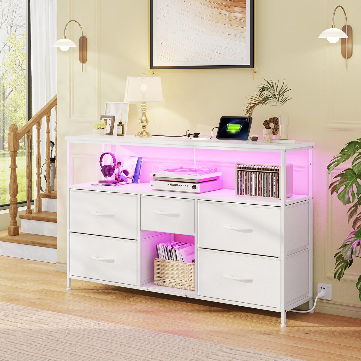 EnHomee Five Drawer TV Console With LED Lights And Storage