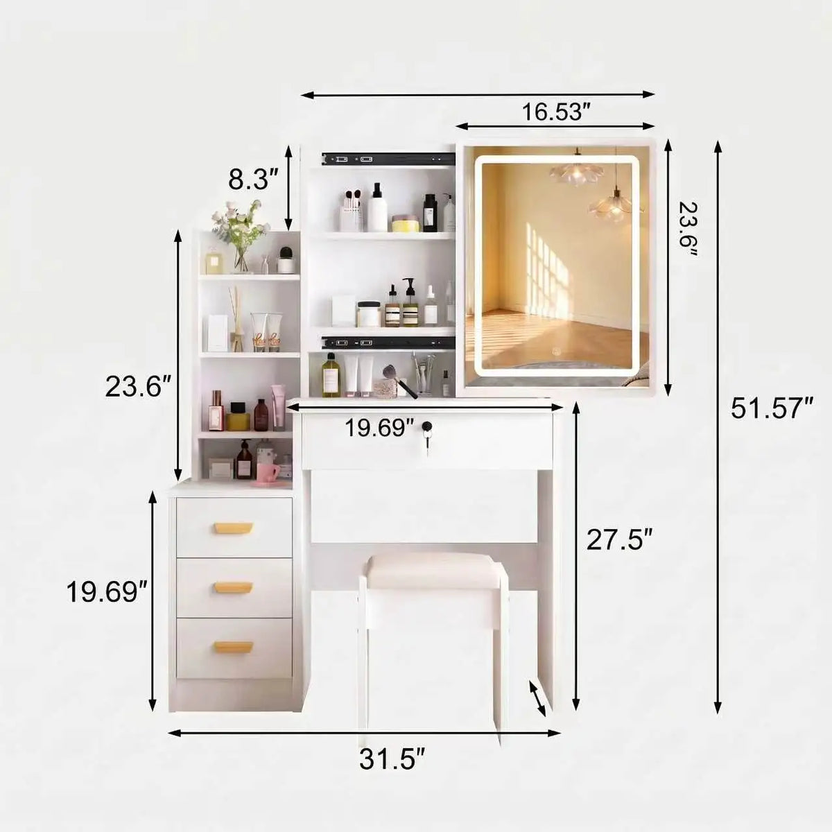 Makeup Vanity Desk With Sliding Mirror, Lights, Drawers And Stool