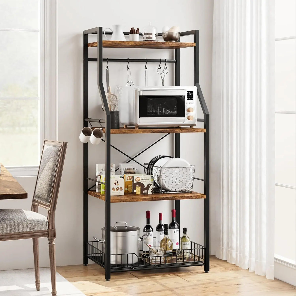 4-Tier Household Floor-Standing Rack For Cookware multi-level and Multi-functional Storage For Bathroom Home Metal Frame 8 S-Hooks Industrial Coffee Bar Storage Shelf