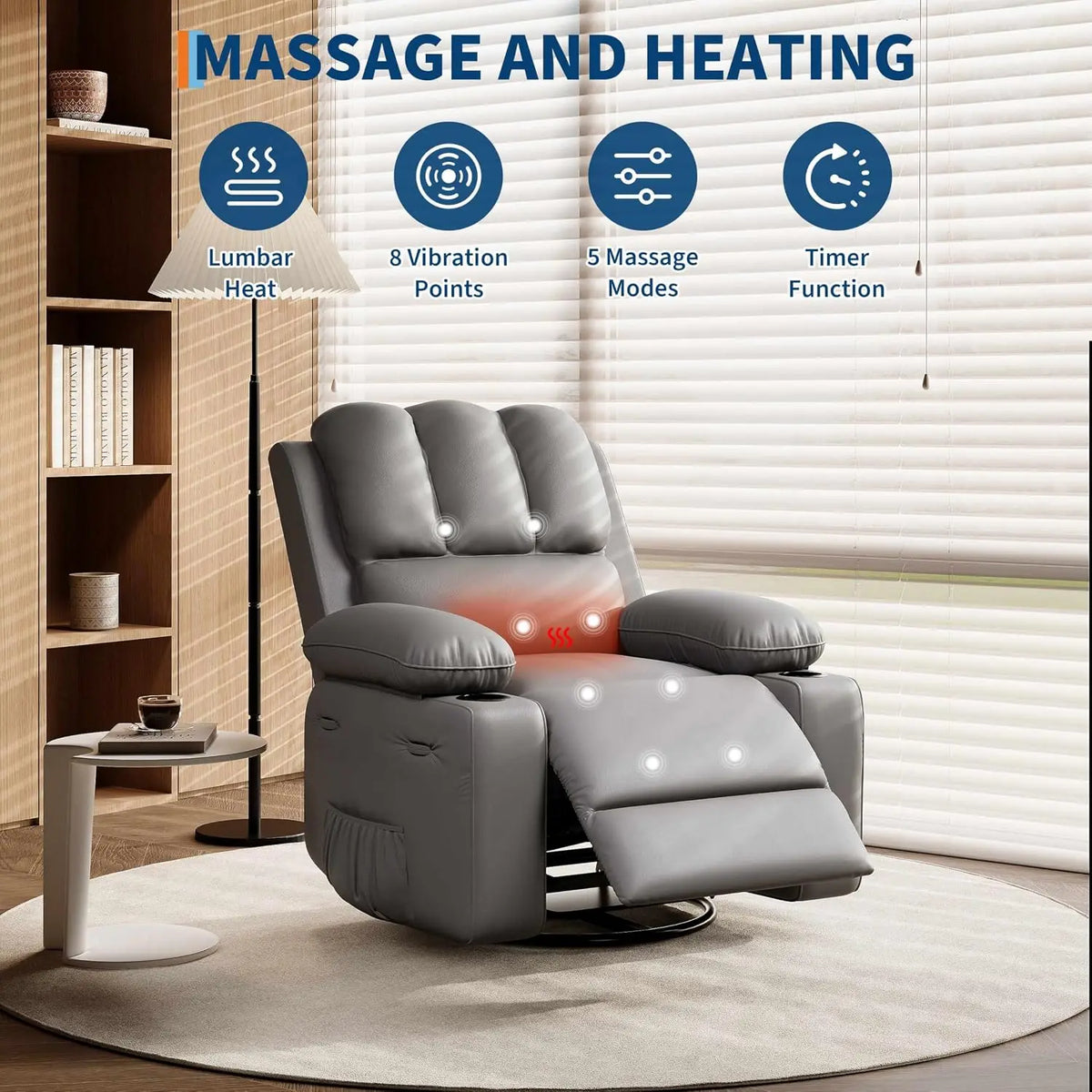 TACLEEKII Swivel Recliner Chair With Heat Massage And Cup Holders