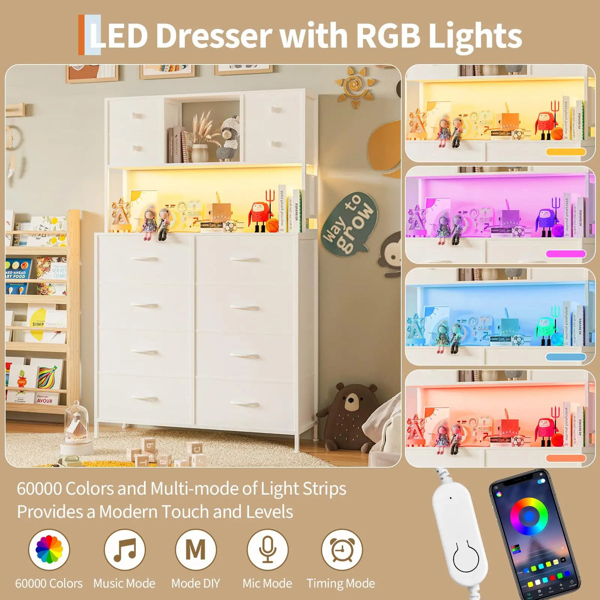 12 Drawer Fabric Dresser With Charging Station And LED Light