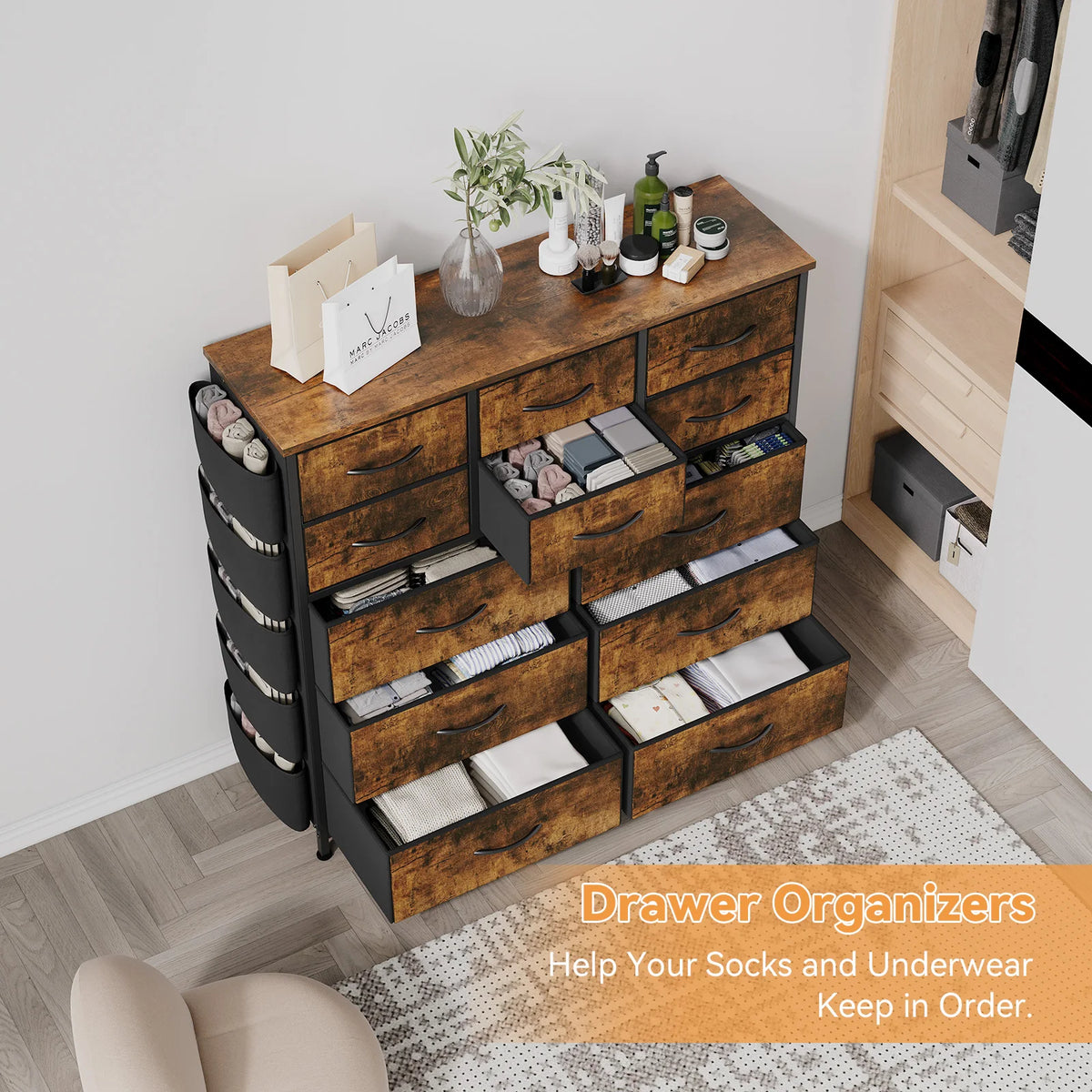 HiMISS 12 Drawer Fabric Storage Dresser With Metal Frame / Wood Top