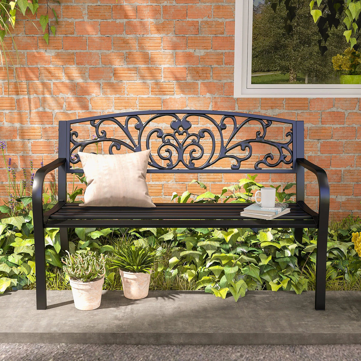 Patio Park Garden Bench Porch Path Chair Outdoor Lawn Garden Black 2 Seat