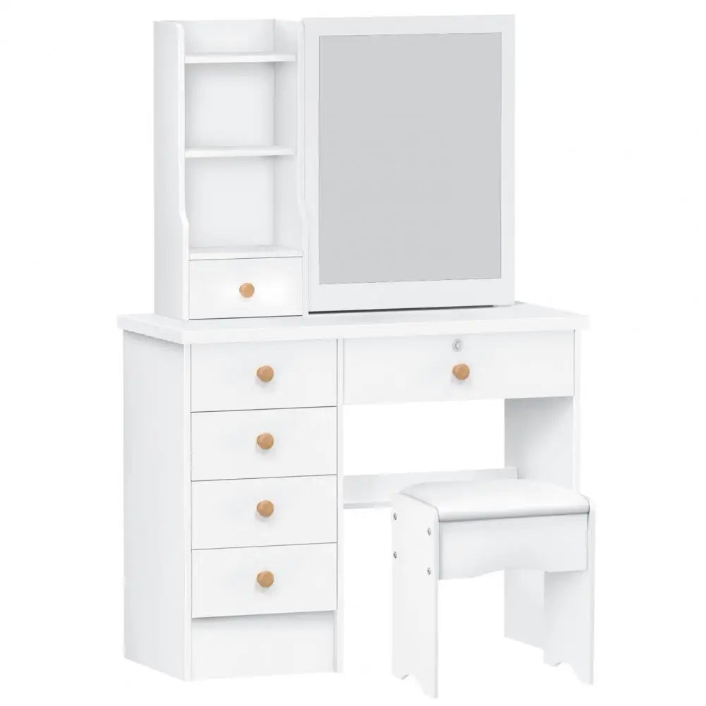 Modern Makeup Vanity Desk With Sliding Mirror And Six Drawers