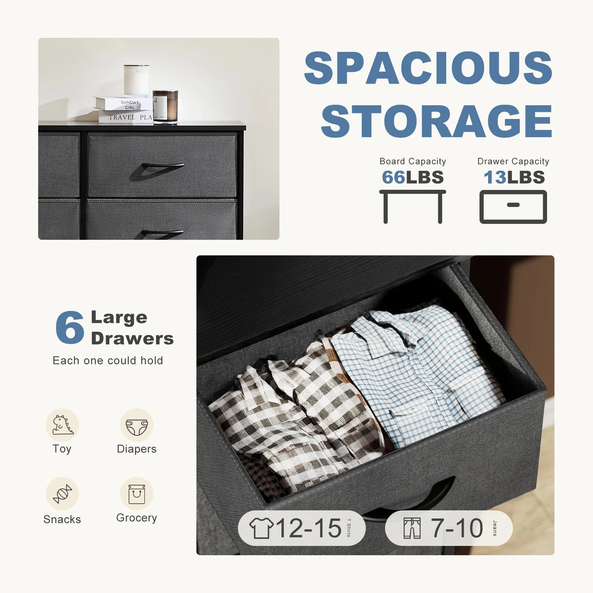 JHK Six Drawer Fabric Storage Nightstand For Bedroom