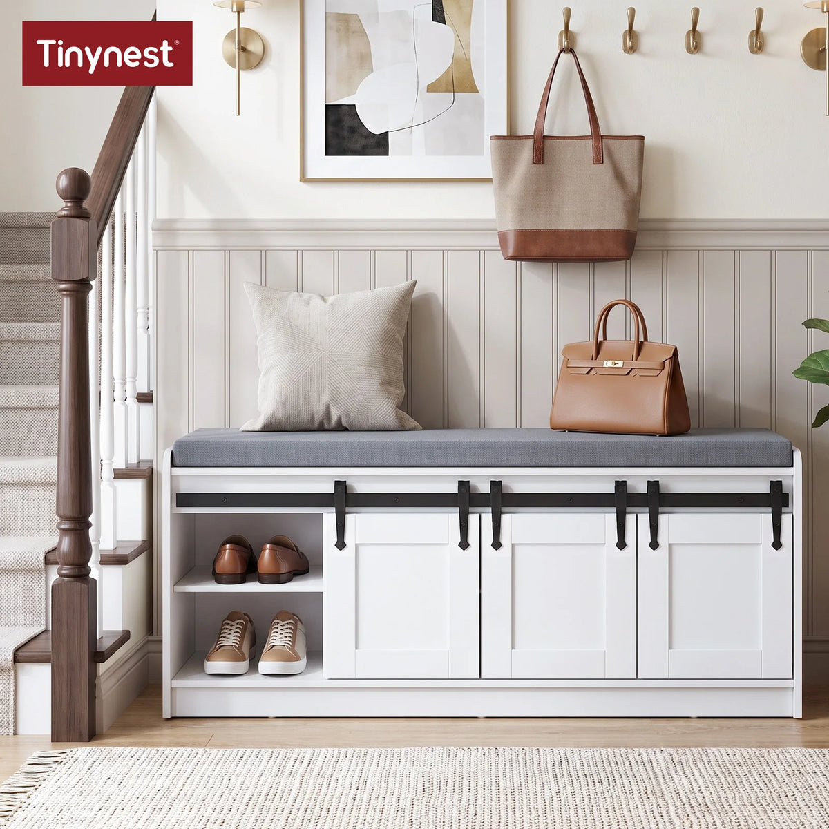 TinyNest Shoe Storage Bench With Padded Seat And Sliding Doors