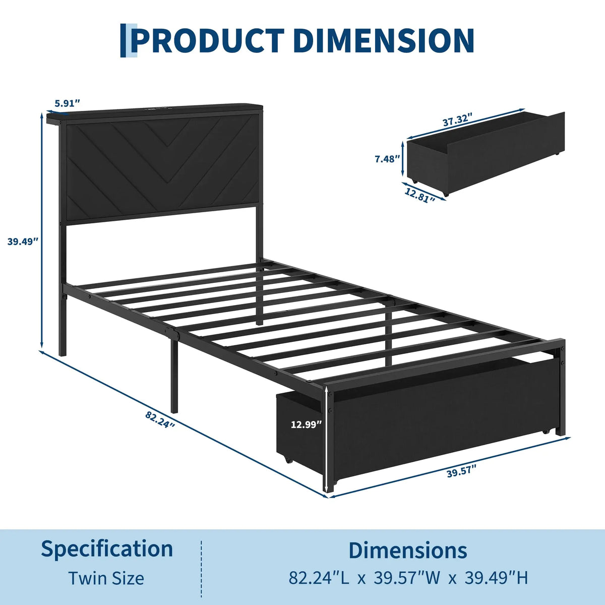HiMISS Upholstered Metal Platform Bed Frame With Storage Charging Station