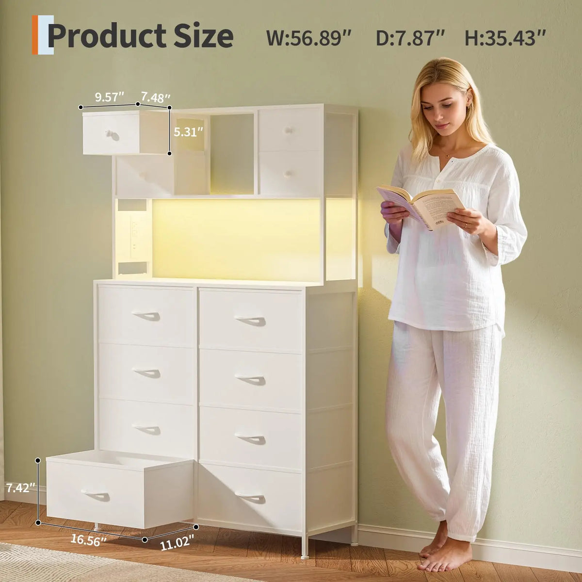 12 Drawer Fabric Dresser With Charging Station And LED Light