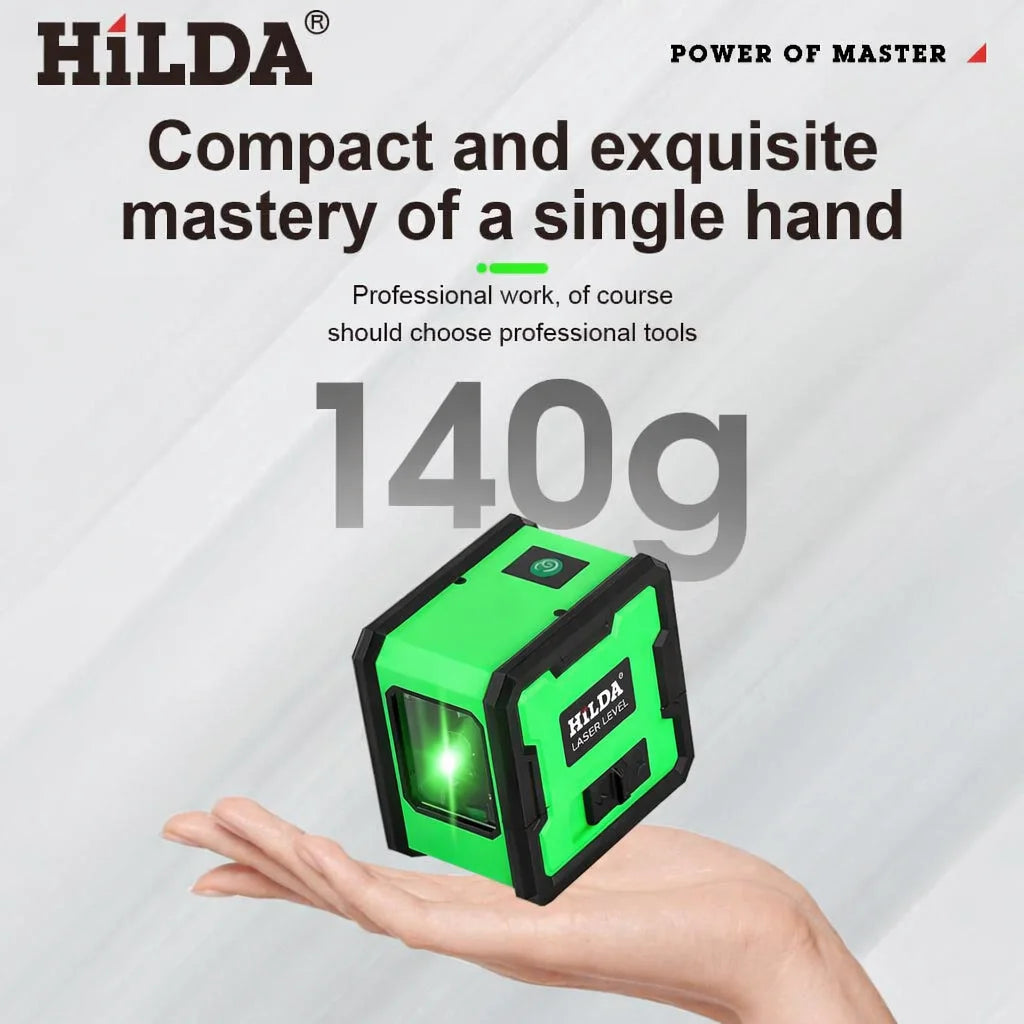HILDA 2 Lines Green Laser Level with Built-in Back Magnet Self-Leveling Horizontal Vertical Cross Line Laser Level 360° Rotatable Wall Mount Laser Measuring Tool for Construction Decoration