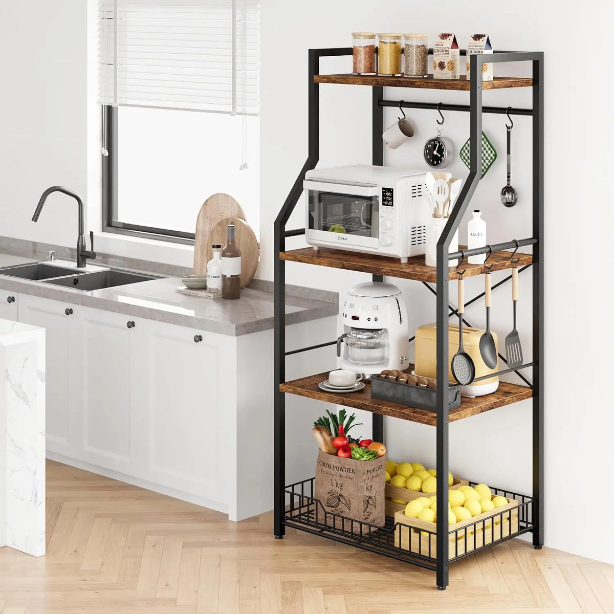 4-Tier Household Floor-Standing Rack For Cookware multi-level and Multi-functional Storage For Bathroom Home Metal Frame 8 S-Hooks Industrial Coffee Bar Storage Shelf