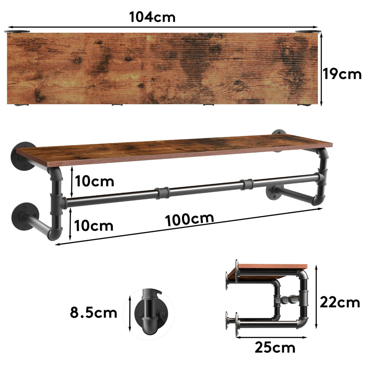 Wall Mounted Metal Clothes Rail With Wood Shelf Storage